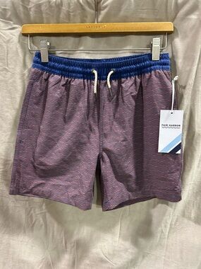Fair Harbor Mauve Wave-Pattern Swim Shorts with Navy Accents